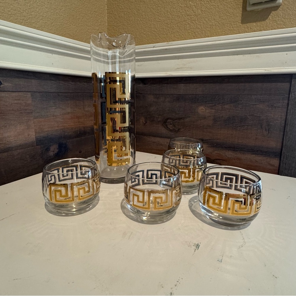 Culver Greek Key Design Vintage Bar Ware Gold Scroll Teal Roly Poly Pitcher 6 Pc